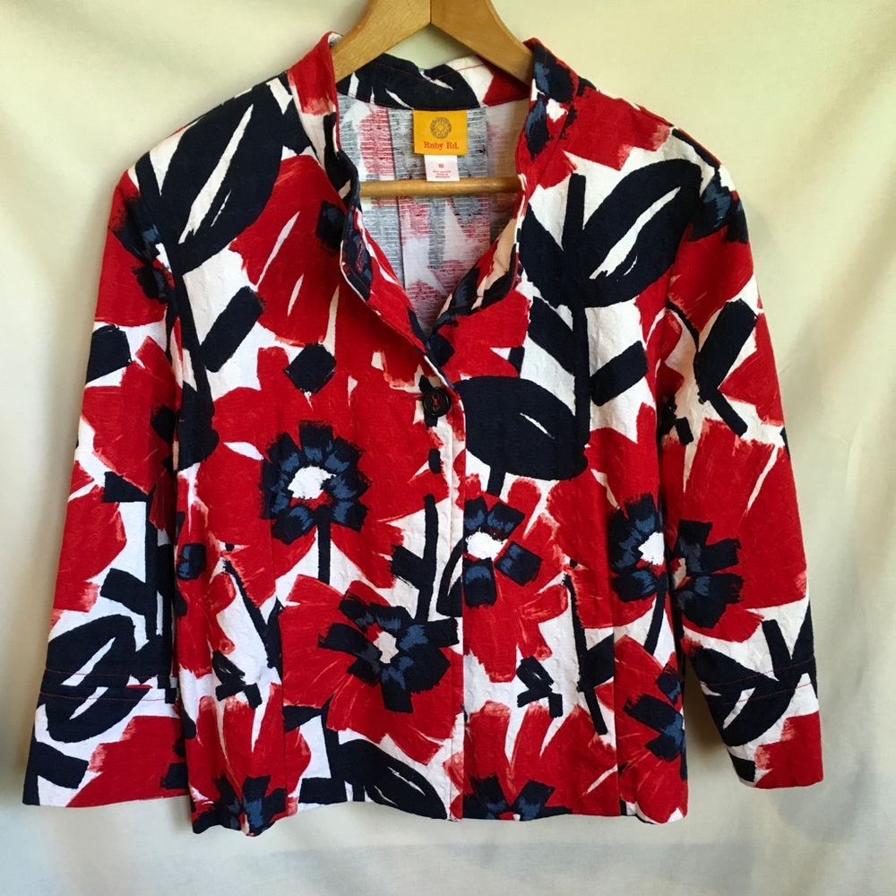 Ruby Rd. Jacket Sz 16 Red/Navy Abstract Floral All Season